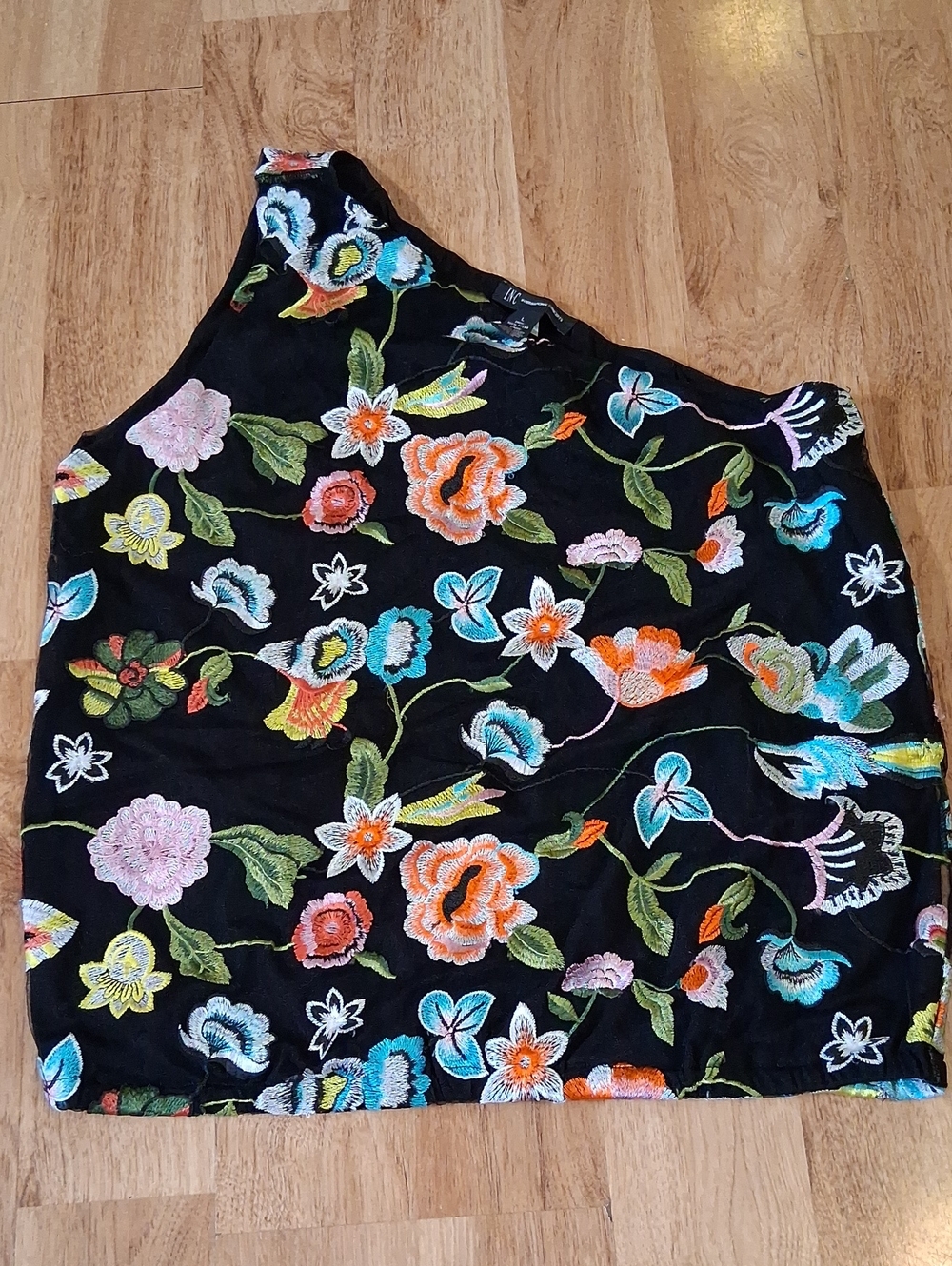 INC International Concepts Black One-Shoulder Floral Embroidered Crop Top